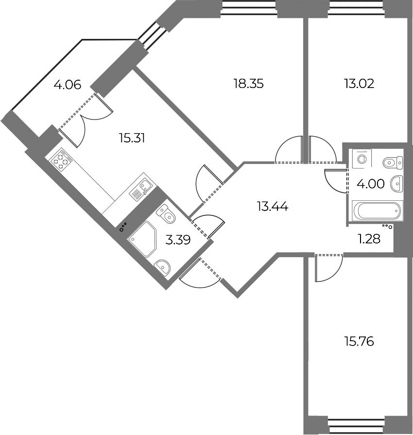 3-комнатная квартира 86.58 м², 10/10 эт., ЖК «Огни Залива»